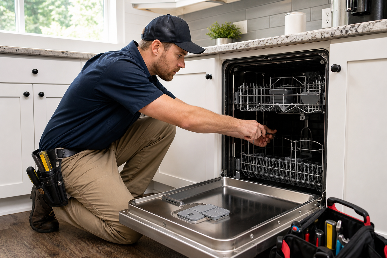 US technician repairing a dishwasher in a kitchen