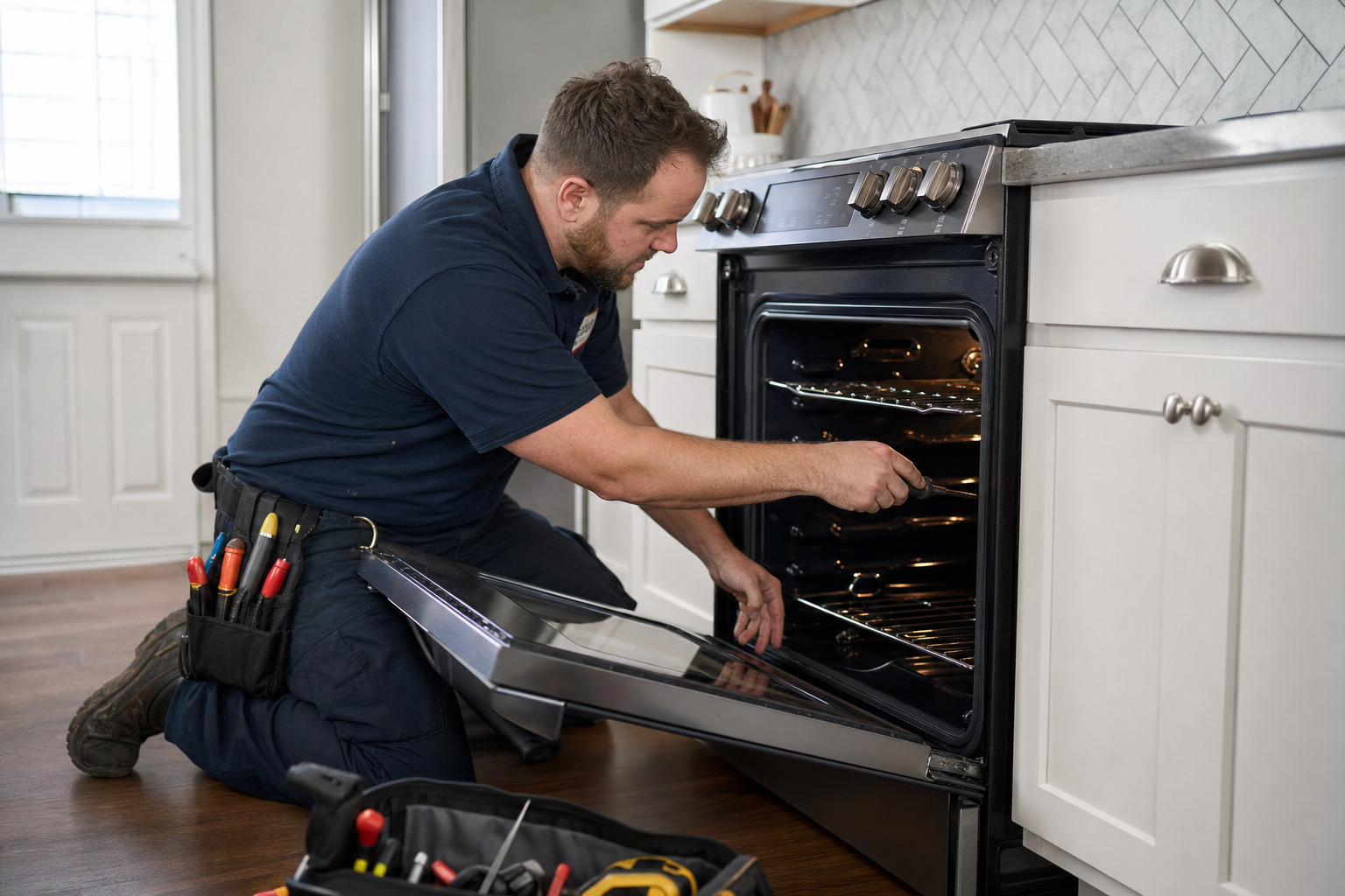 US technician repairing an oven and stove in a home kitchen