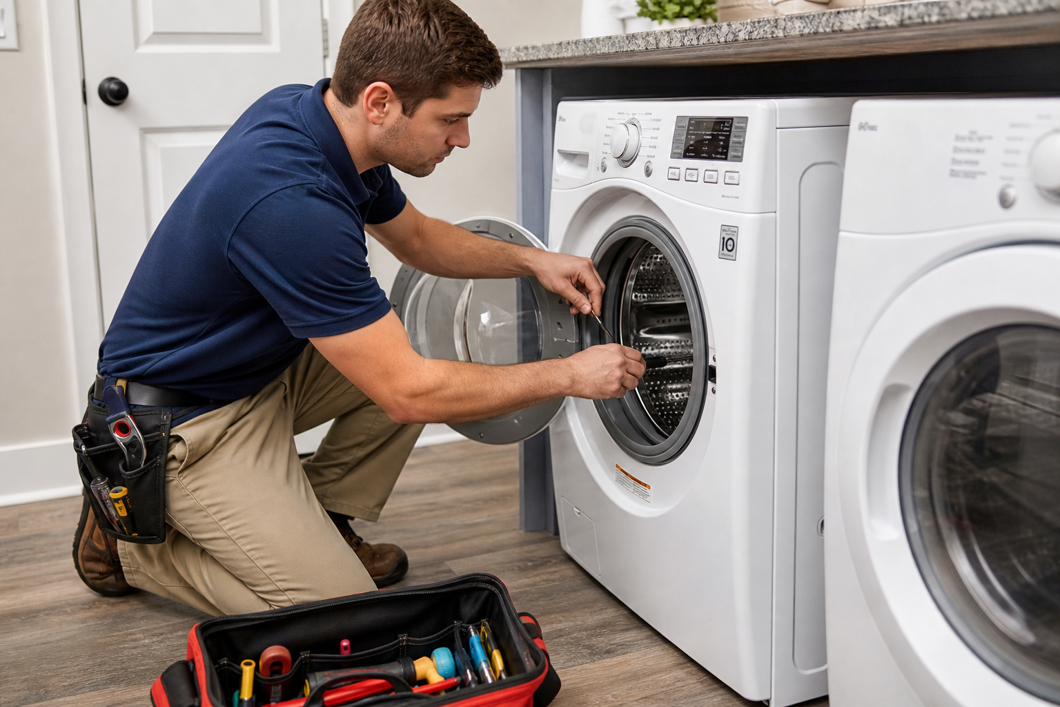 US technician repairing a washing machine